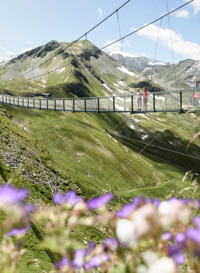 Two people on suspension bridge at Stubnerkogel with green slopes, flowers in front and mountains in the background | © Gasteiner Bergbahnen AG