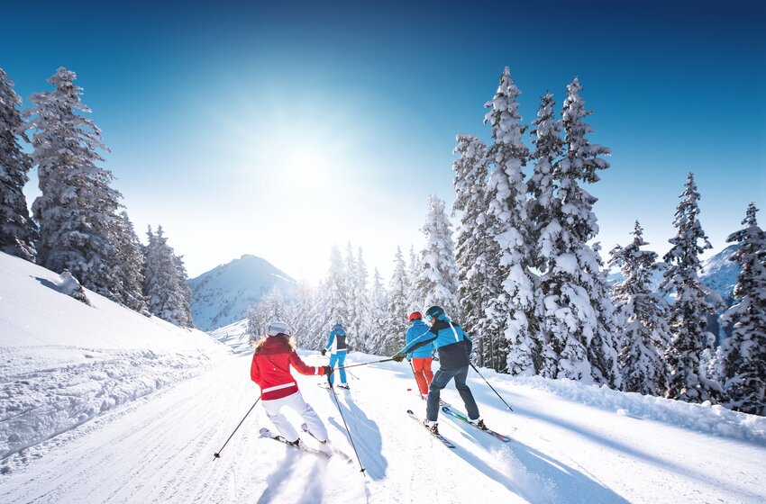 Vier Skifahrer fahren bei Sonnenschein durch eine verschneite Waldpiste mit glitzerndem Pulverschnee und Winterstimmung in Ski amadé. | © Ski amadé GmbH
